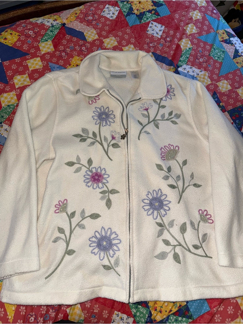Alfred Dunner Cream Floral Embroidered Zip-Front Jacket